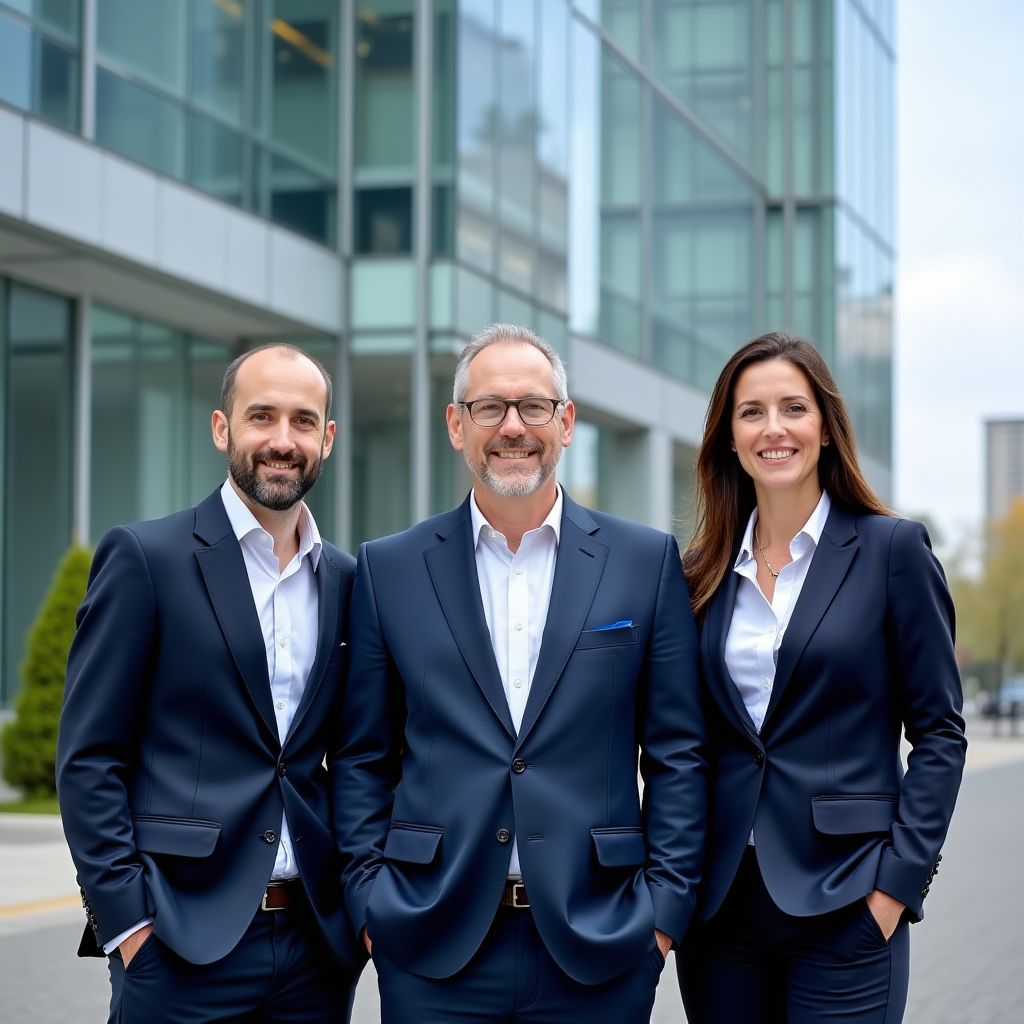 Das Team von ImmoExpert Düsseldorf vor dem Bürogebäude